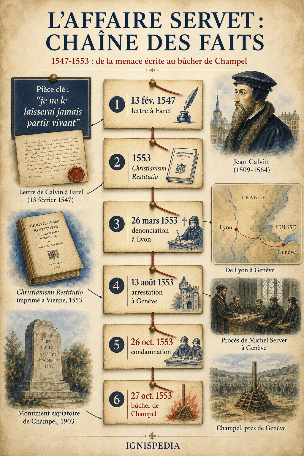 Infographie chronologique de l'affaire Michel Servet de 1546 à 1553