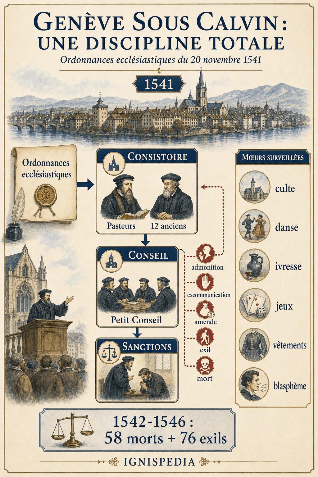 Infographie sur le fonctionnement disciplinaire de Genève sous Calvin