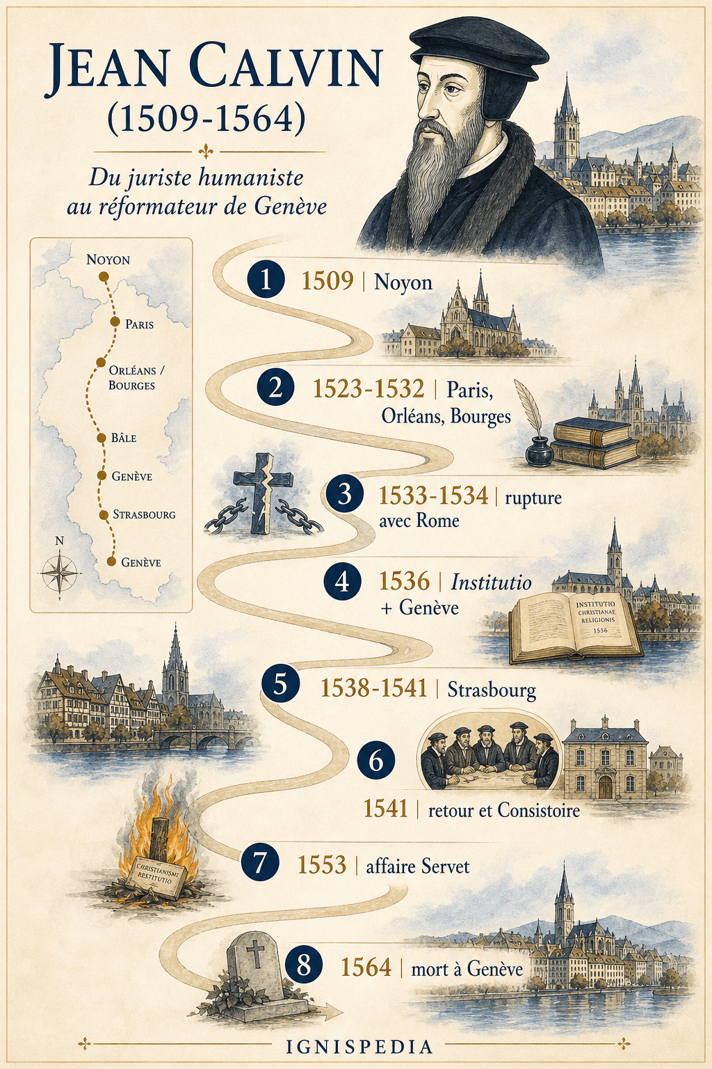 Infographie chronologique de Jean Calvin, de Noyon à Genève, avec huit jalons biographiques