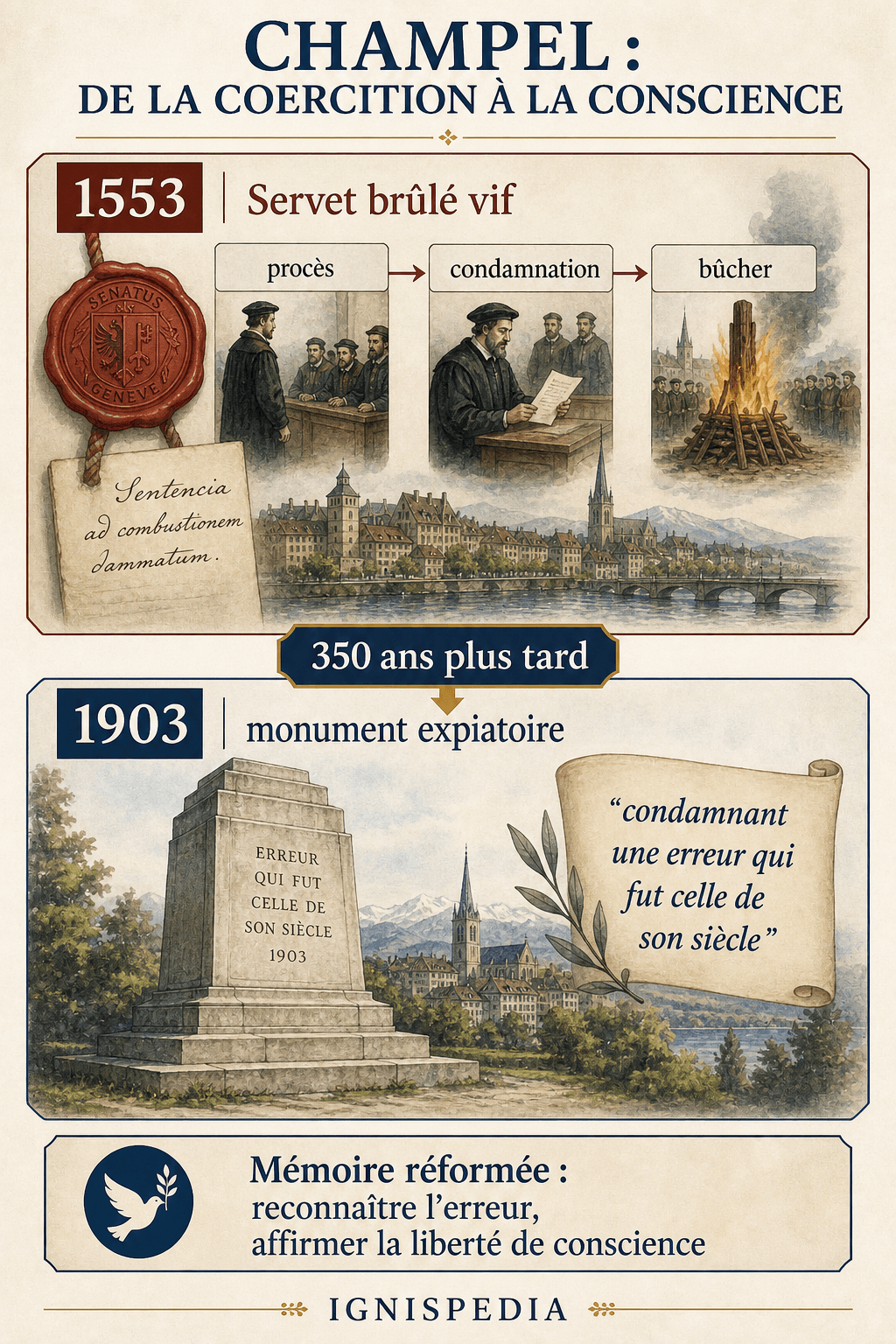 Infographie reliant l'exécution de Servet en 1553 au monument expiatoire de Champel en 1903