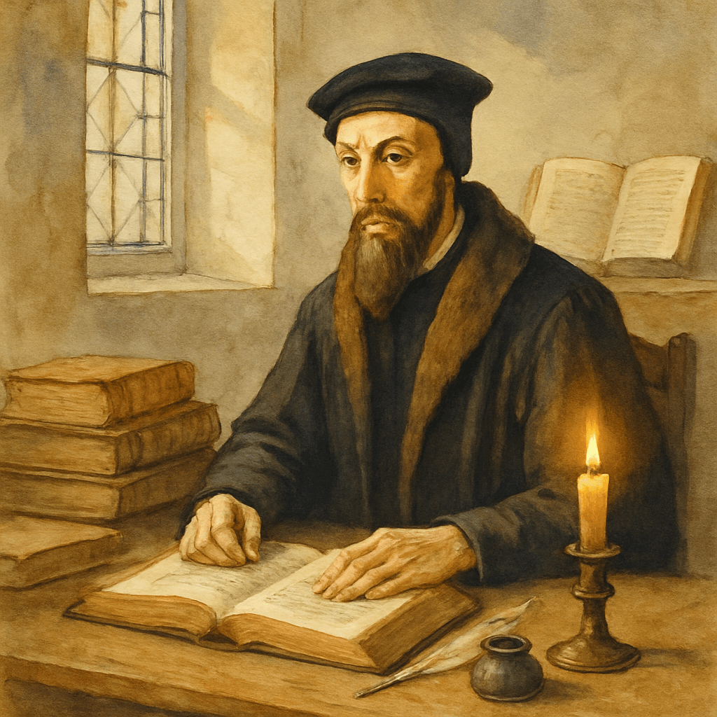 Ritratto di Giovanni Calvino austero nel suo studio di Ginevra
