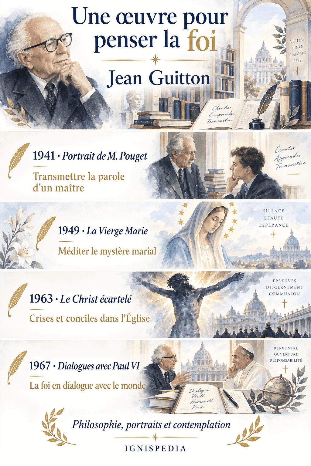 Vier Werke Jean Guittons, vom Portrait de M. Pouget bis zu den Dialogues avec Paul VI