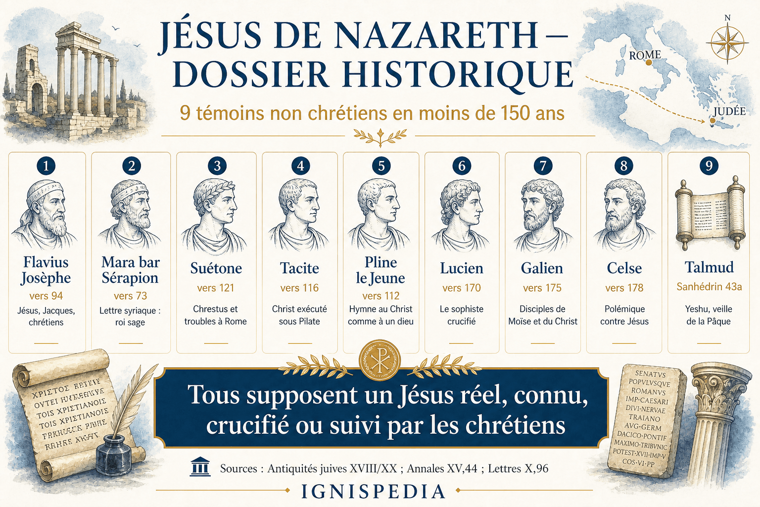 Infographie Ignispedia listant neuf auteurs ou traditions non chrétiens, de valeur inégale, autour de l'existence historique de Jésus