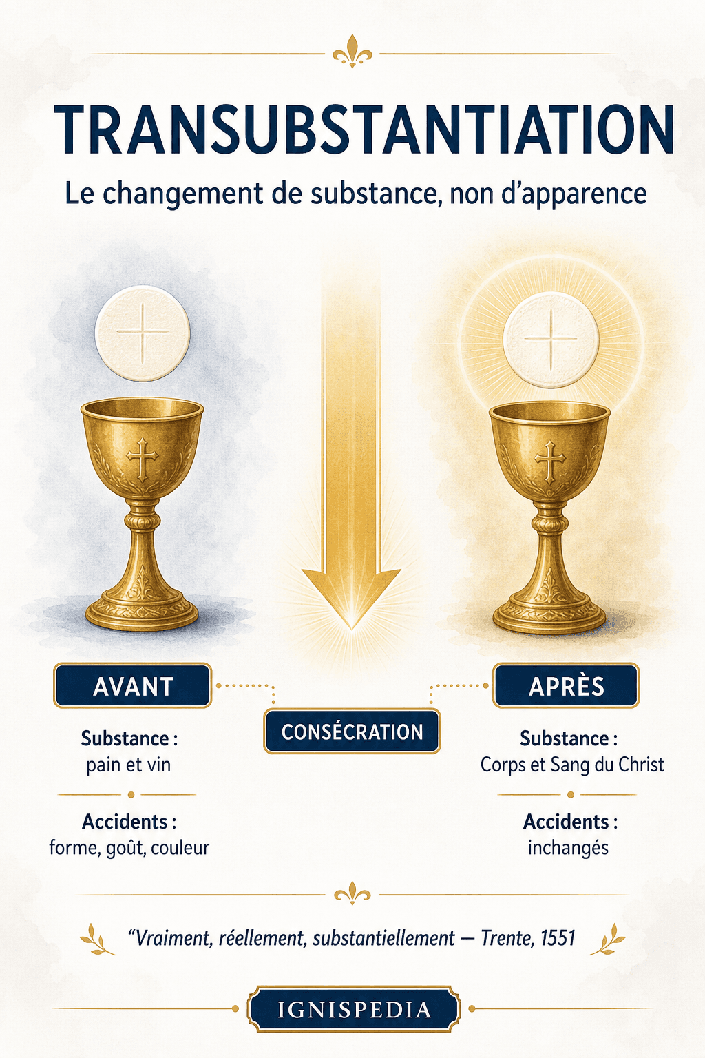 Infographie expliquant la transsubstantiation comme changement de substance sans changement d'apparence