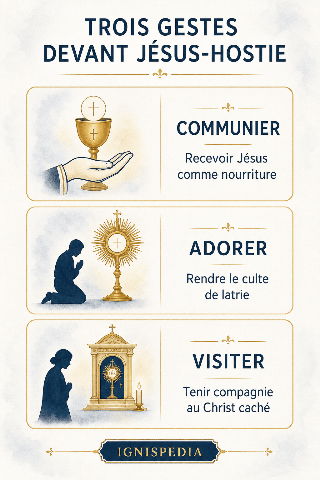 Schéma des trois gestes de la relation eucharistique : communier, adorer, visiter