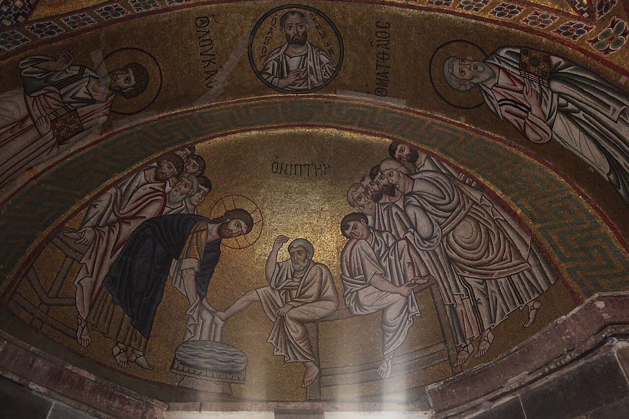 Mosaïque byzantine du lavement des pieds dans le narthex d'Hosios Loukas