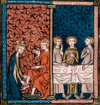 Saint Louis lave les pieds d'un pauvre et nourrit les pauvres, miniature des Chroniques de Saint-Denis