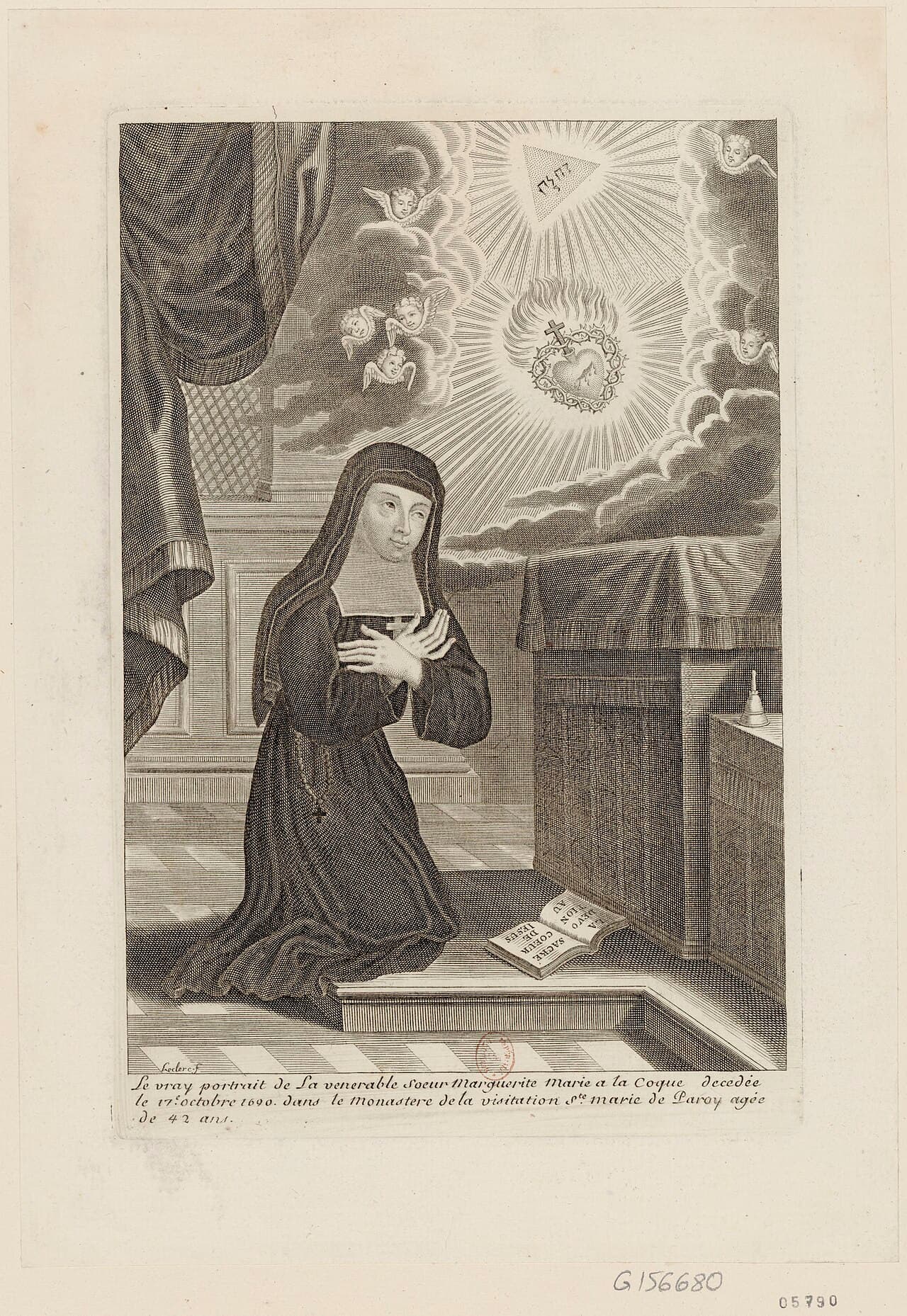 Sainte Marguerite-Marie Alacoque agenouillée en prière, gravure de Sébastien Leclerc