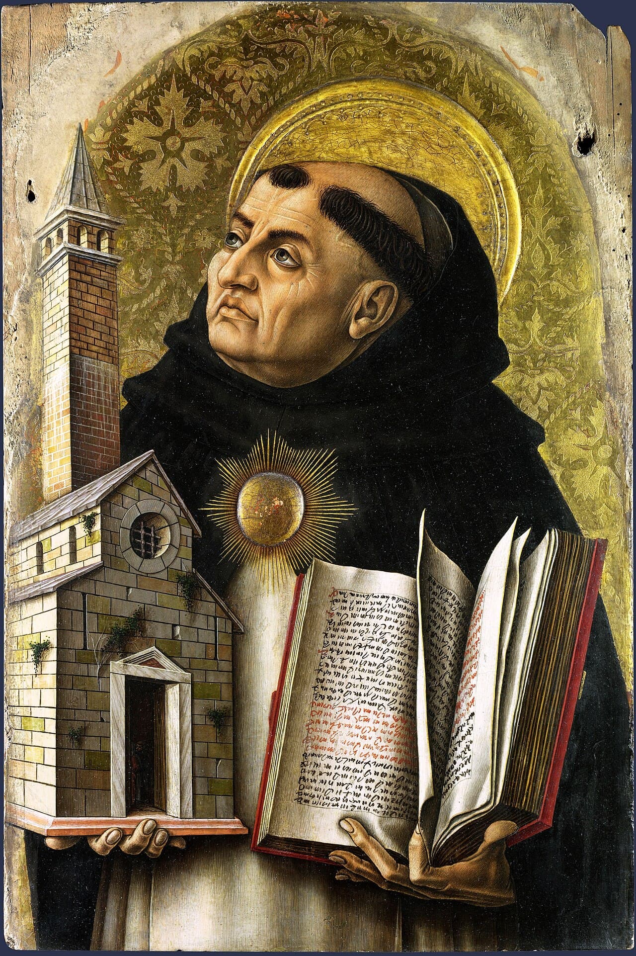 Saint Thomas d'Aquin représenté par Carlo Crivelli, un livre et une église dans les mains