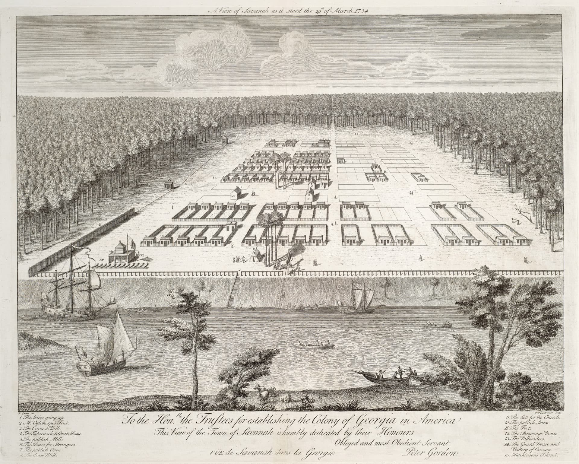 Vista de Savannah en la Georgia colonial tal como se presentaba en 1734