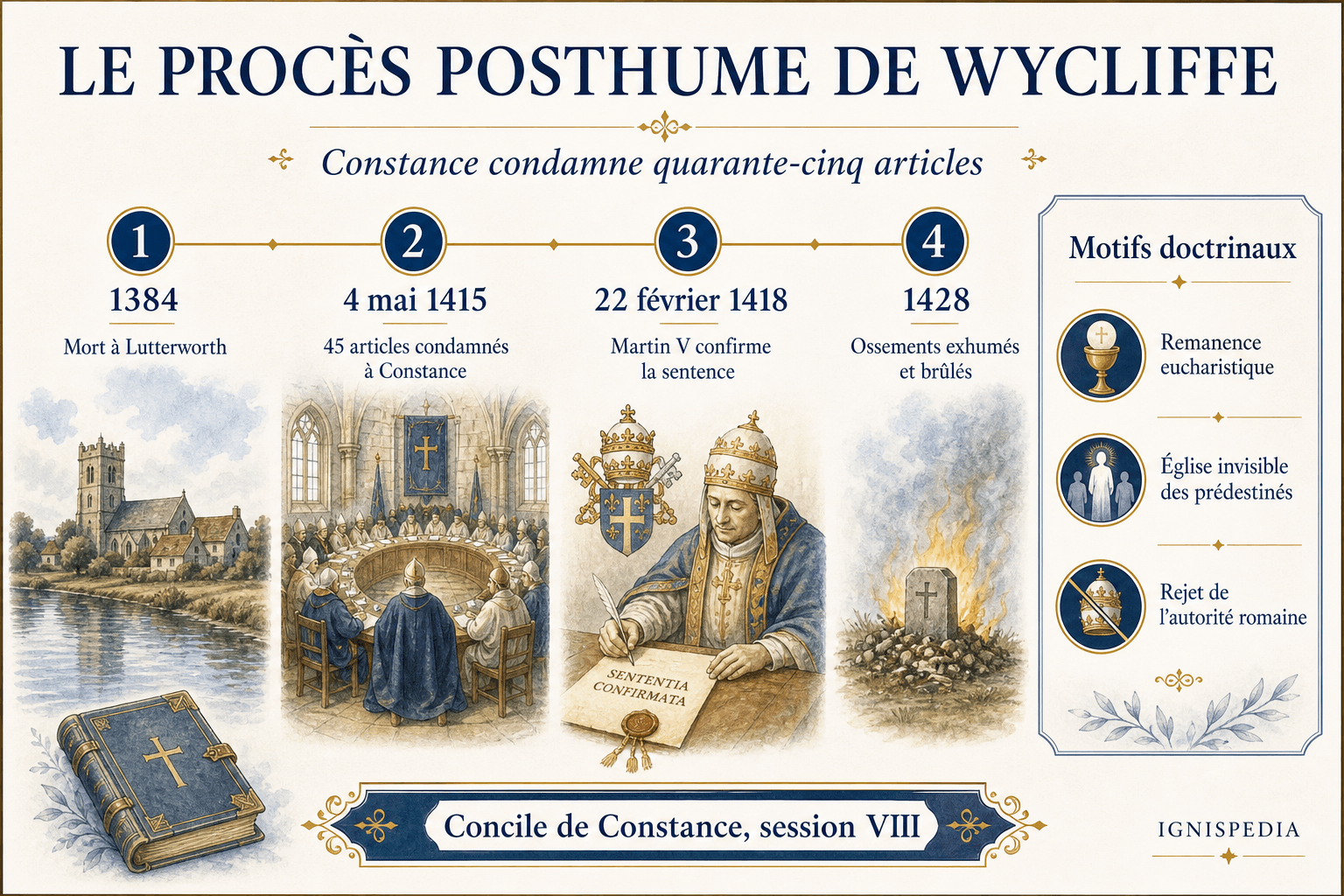 Infographie retraçant le procès posthume de John Wycliffe, de Constance à l'exhumation de 1428