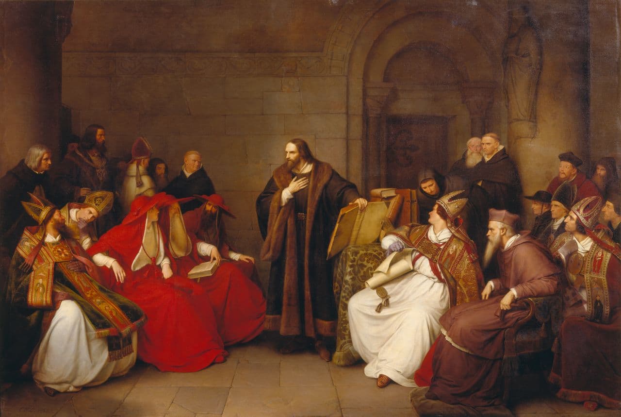 Jan Hus diante do concílio de Constança, que também condenou Wycliffe