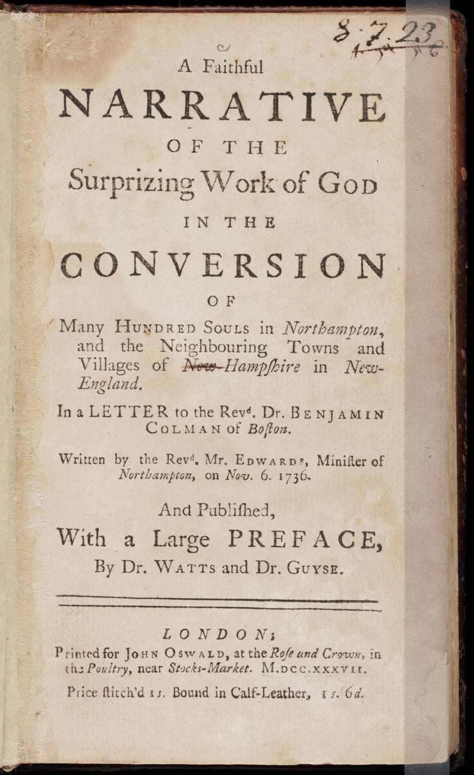 Portada de A Faithful Narrative of the Surprizing Work of God, publicado en Londres en 1737.