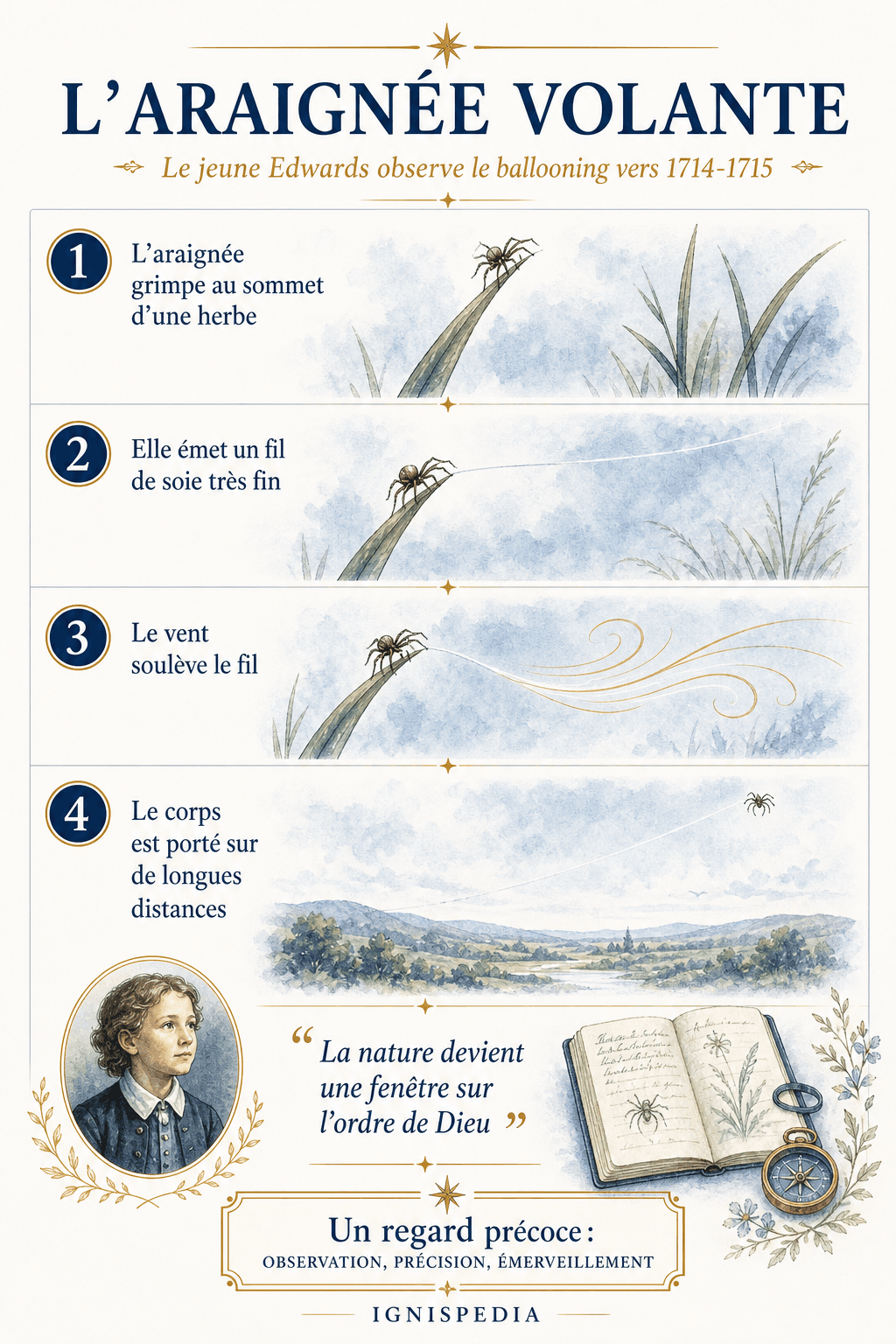 Infografía que muestra el fenómeno del desplazamiento por el aire de las arañas con un hilo de seda, observado por el joven Jonathan Edwards.