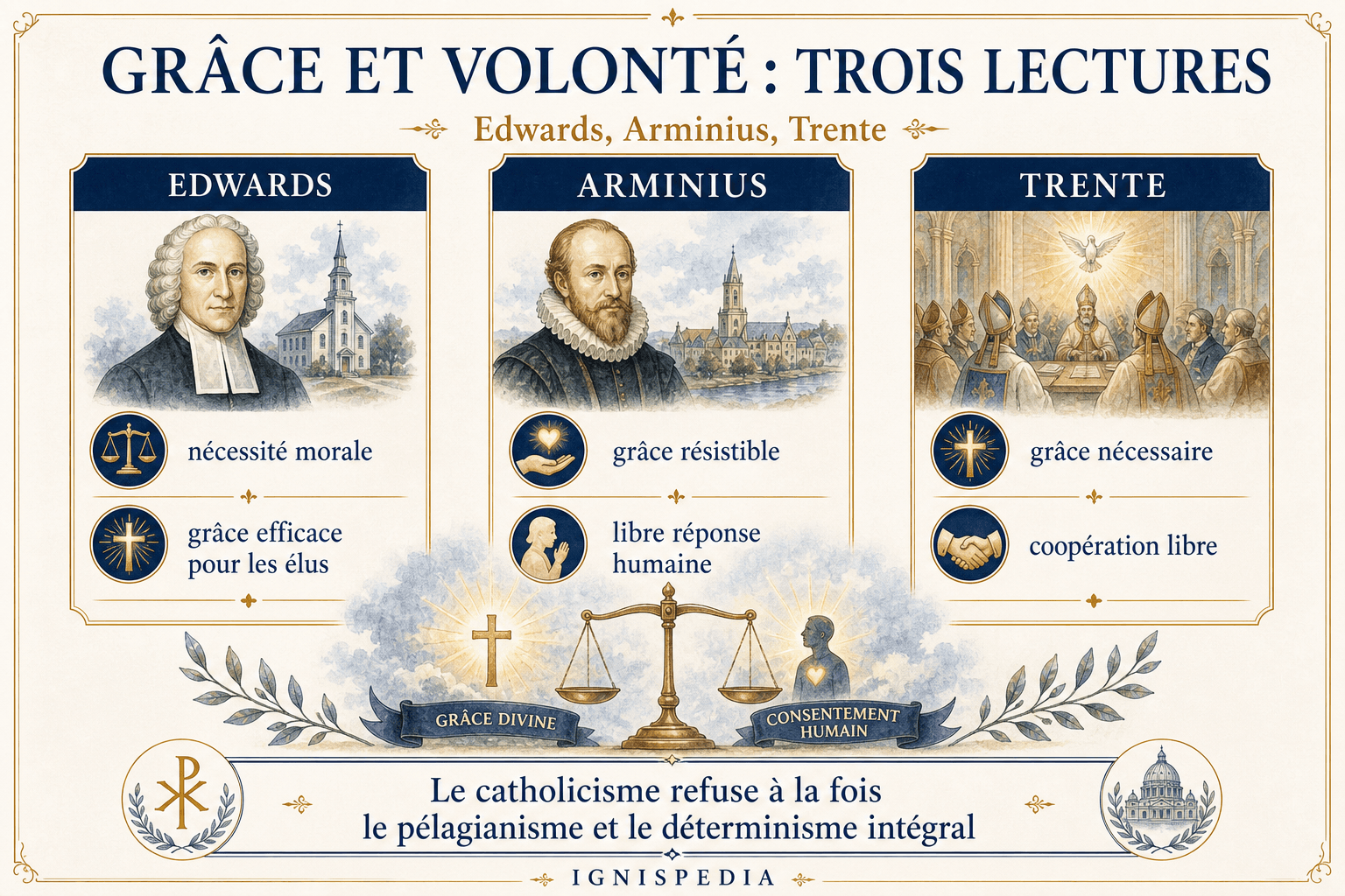 Infografía que compara a Edwards, Arminio y el Concilio de Trento sobre la gracia y la voluntad.