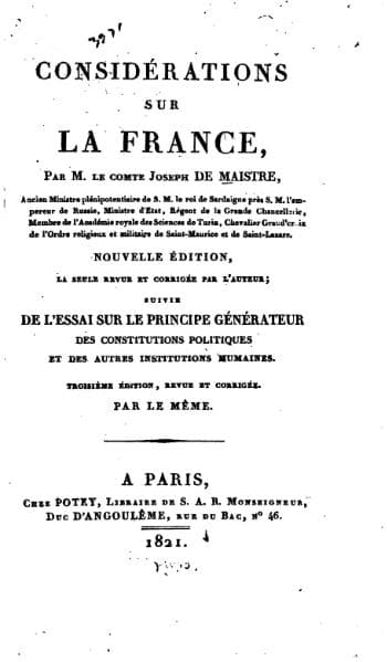 Alte Titelseite der Considérations sur la France von Joseph de Maistre