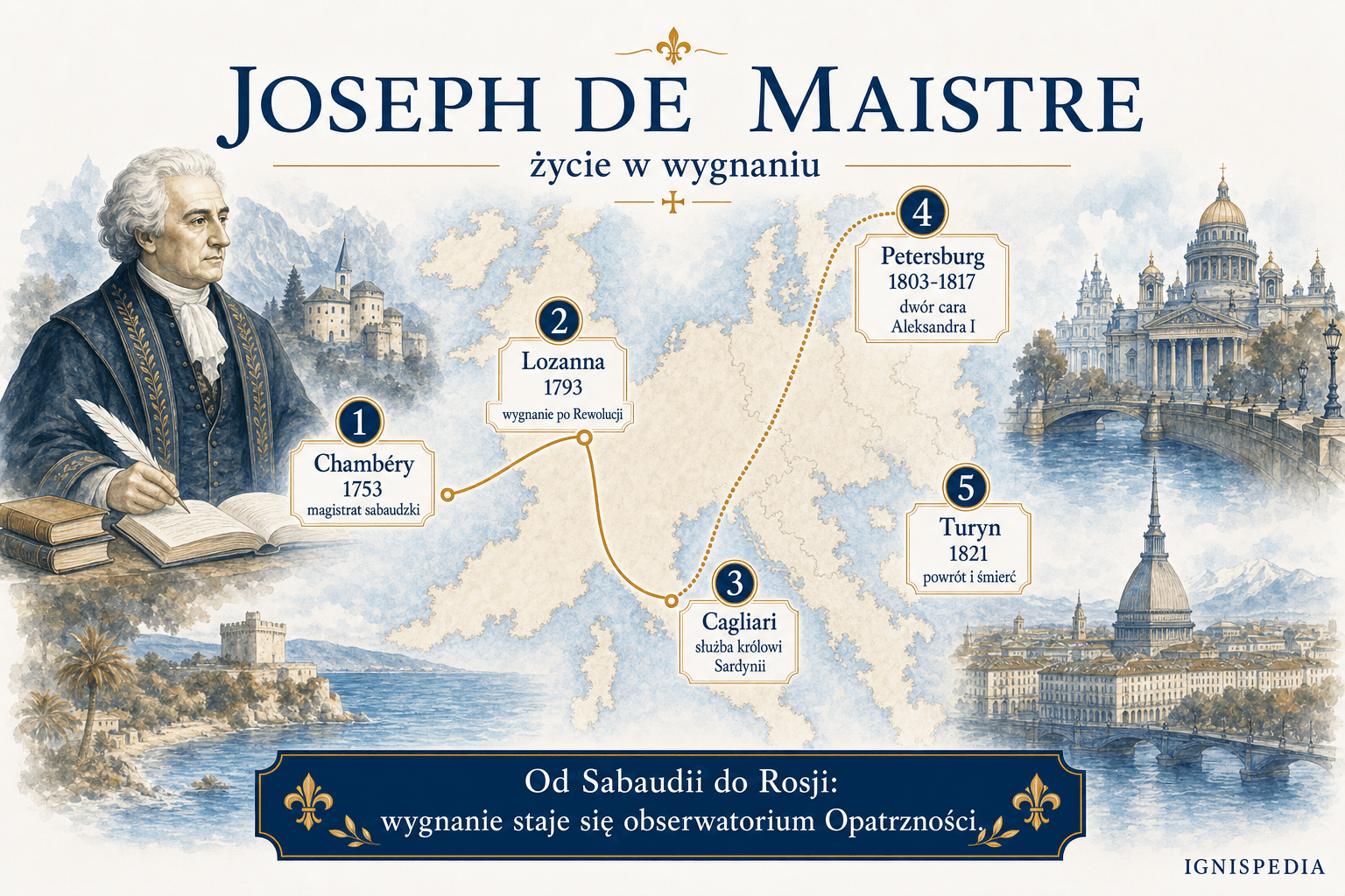Mapa syntetyczna życia Josepha de Maistre'a między Chambéry, Lozanną, Cagliari, Petersburgiem i Turynem