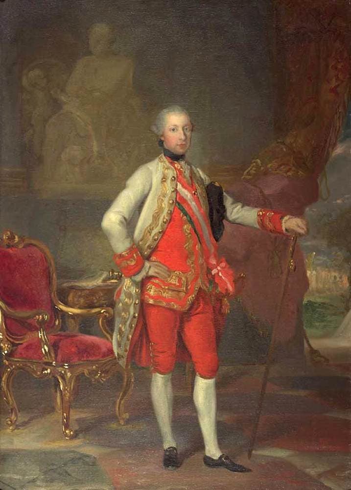 Portrait en pied de Joseph II par Anton von Maron, dans un uniforme rouge et blanc.