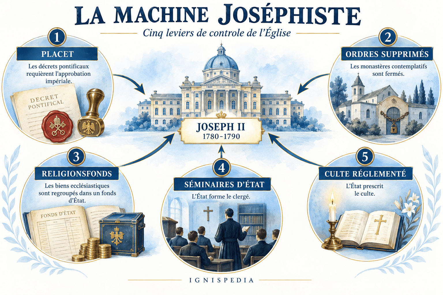 Les cinq moyens de contrôle de l'Église par Joseph II : placet, suppressions, Religionsfonds, séminaires d'État et culte réglementé.
