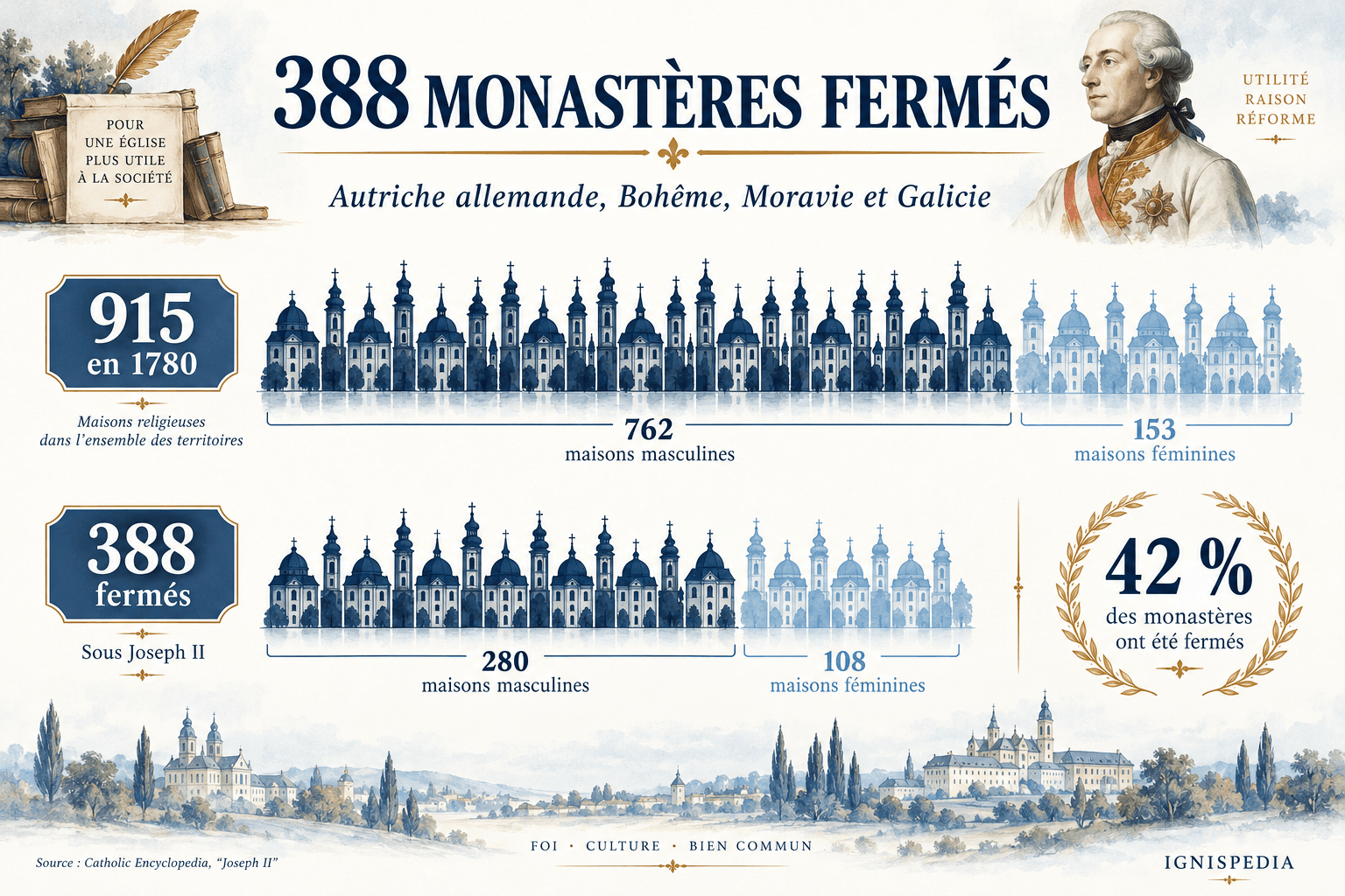 Sur 915 monastères recensés en 1780 dans l'Autriche allemande, la Bohême, la Moravie et la Galicie, 388 furent fermés, soit 42 %.