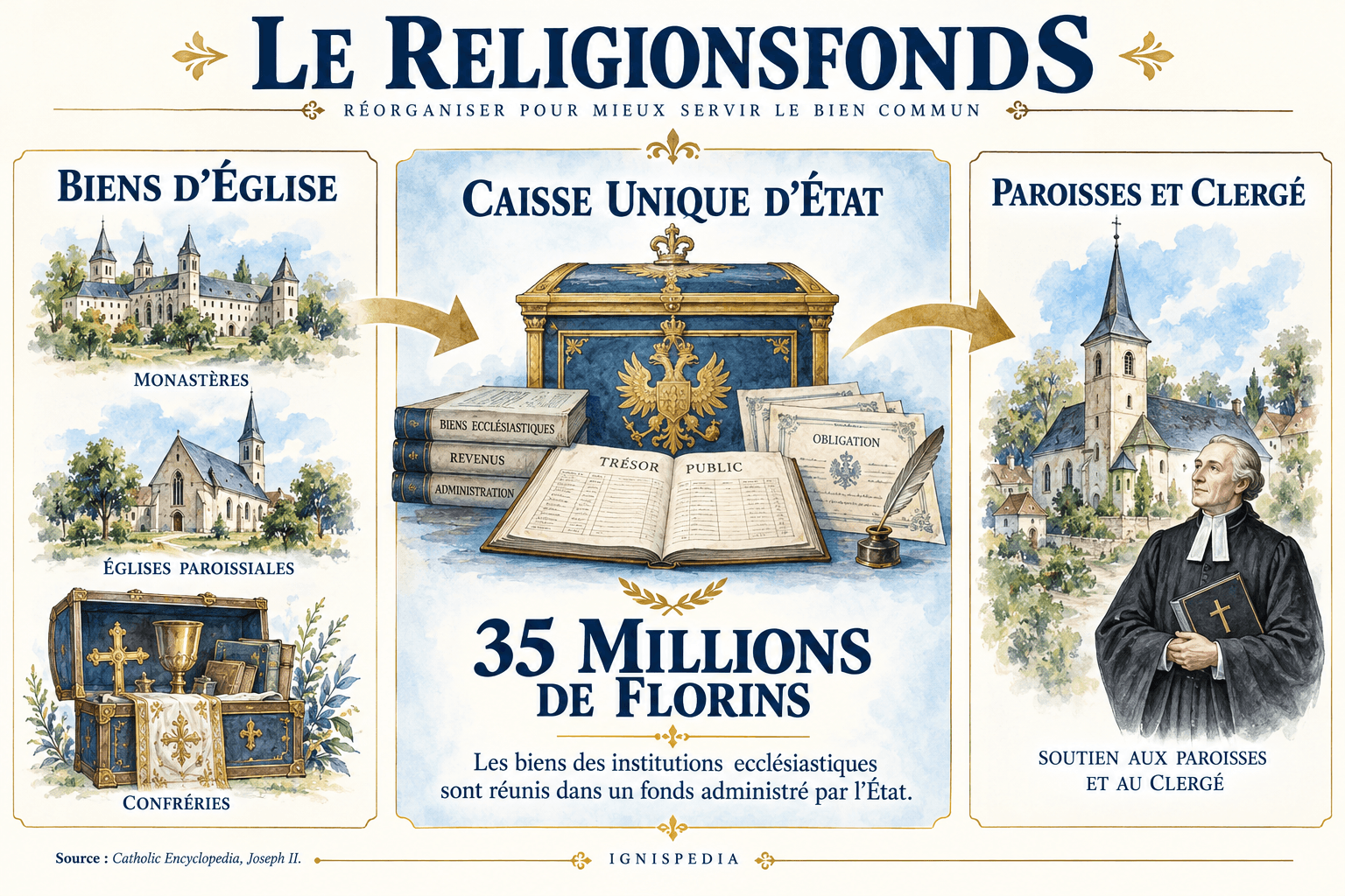 Les biens des monastères, paroisses et confréries réunis dans le Religionsfonds, caisse administrée par l'État.