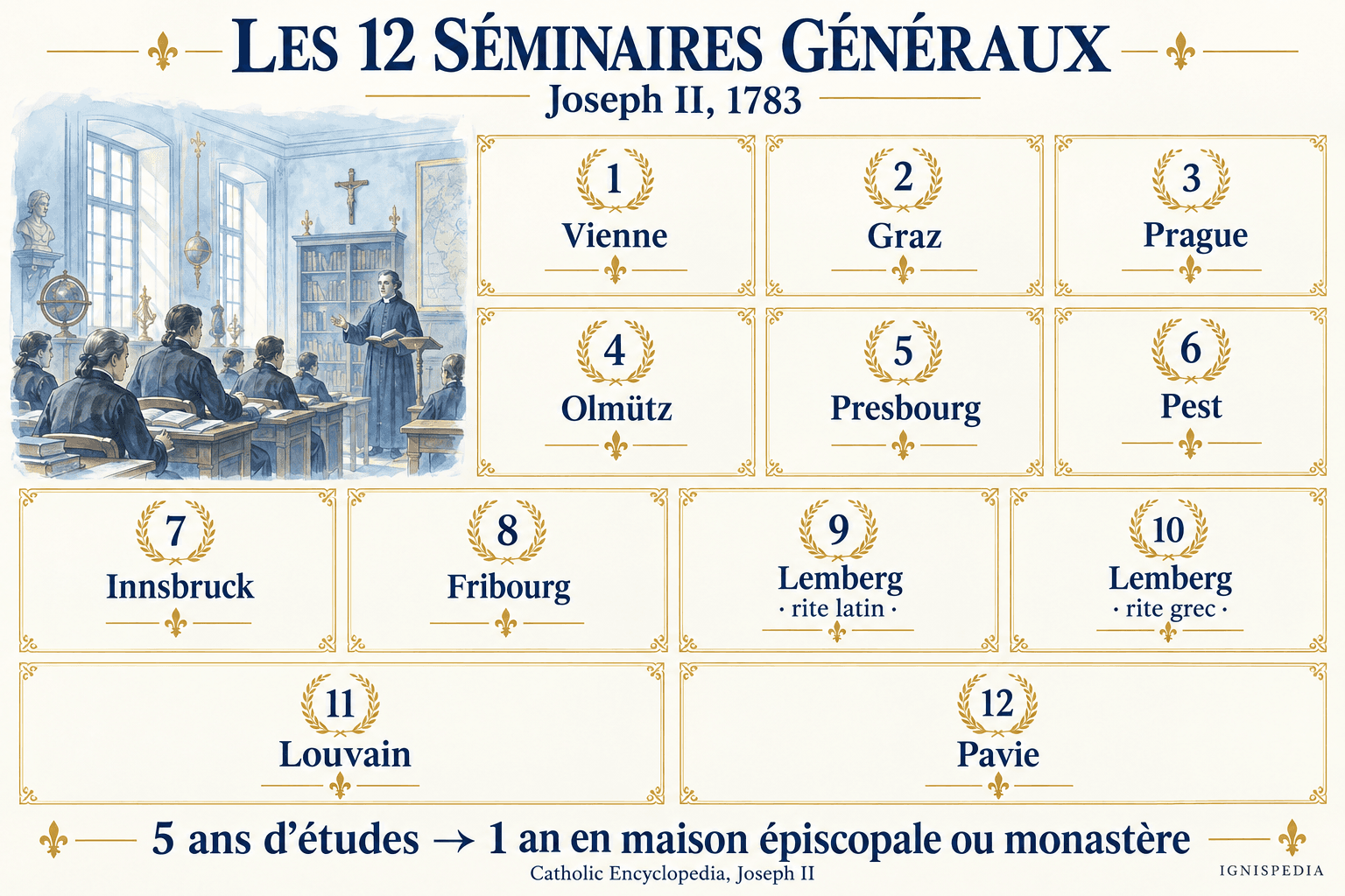 Les douze séminaires généraux de Joseph II en 1783, avec cinq ans d'études puis un an de formation épiscopale ou monastique.