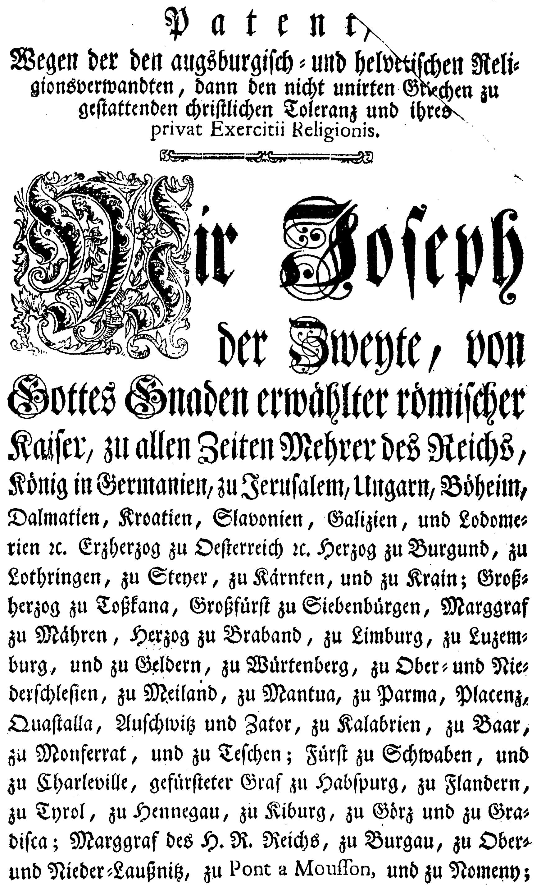 Première page de la patente de tolérance du 13 octobre 1781, imprimée en allemand.