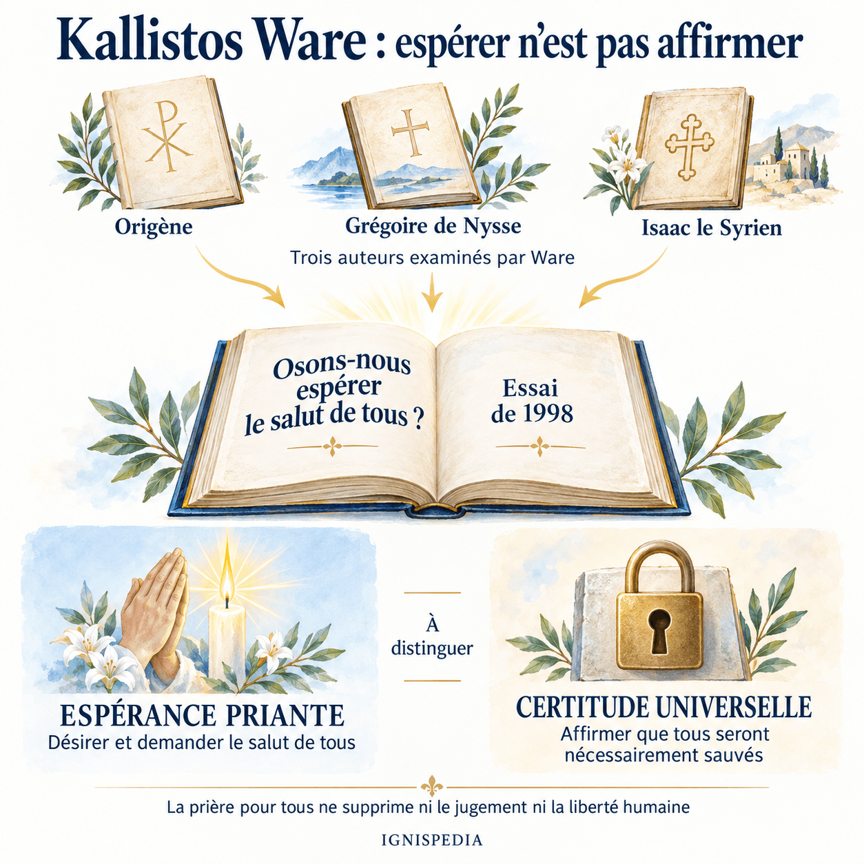 L'essai de 1998 de Kallistos Ware examine Origène, Grégoire de Nysse et Isaac le Syrien : distinguer l'espérance priante d'une certitude de salut universel