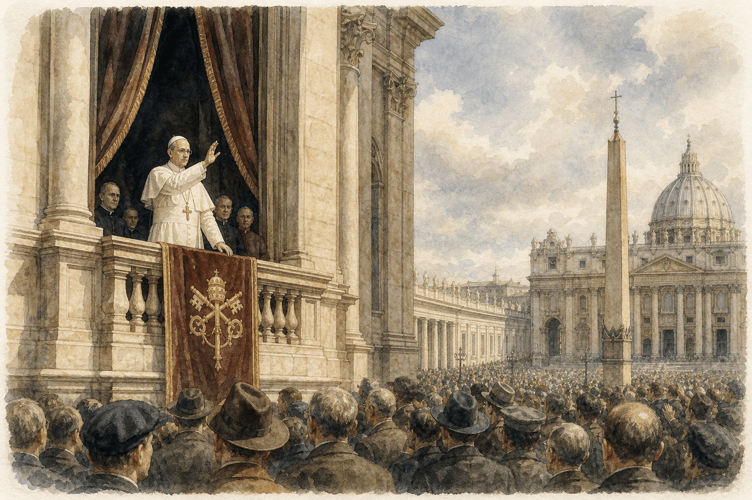 Pie XII bénissant la foule depuis le balcon du palais apostolique pendant l'occupation nazie
