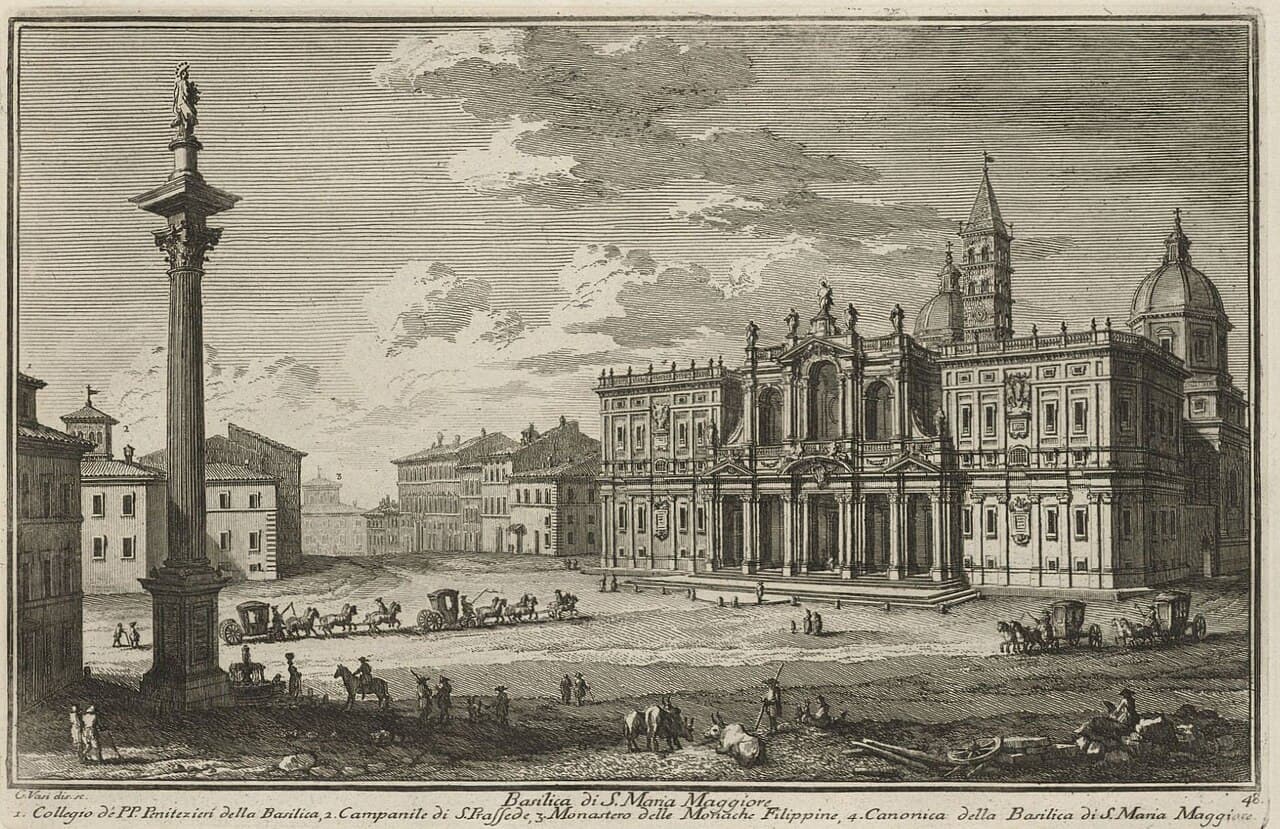 Ansicht der Basilika Santa Maria Maggiore, ihres Glockenturms und der Mariensäule, Stich des 18. Jahrhunderts