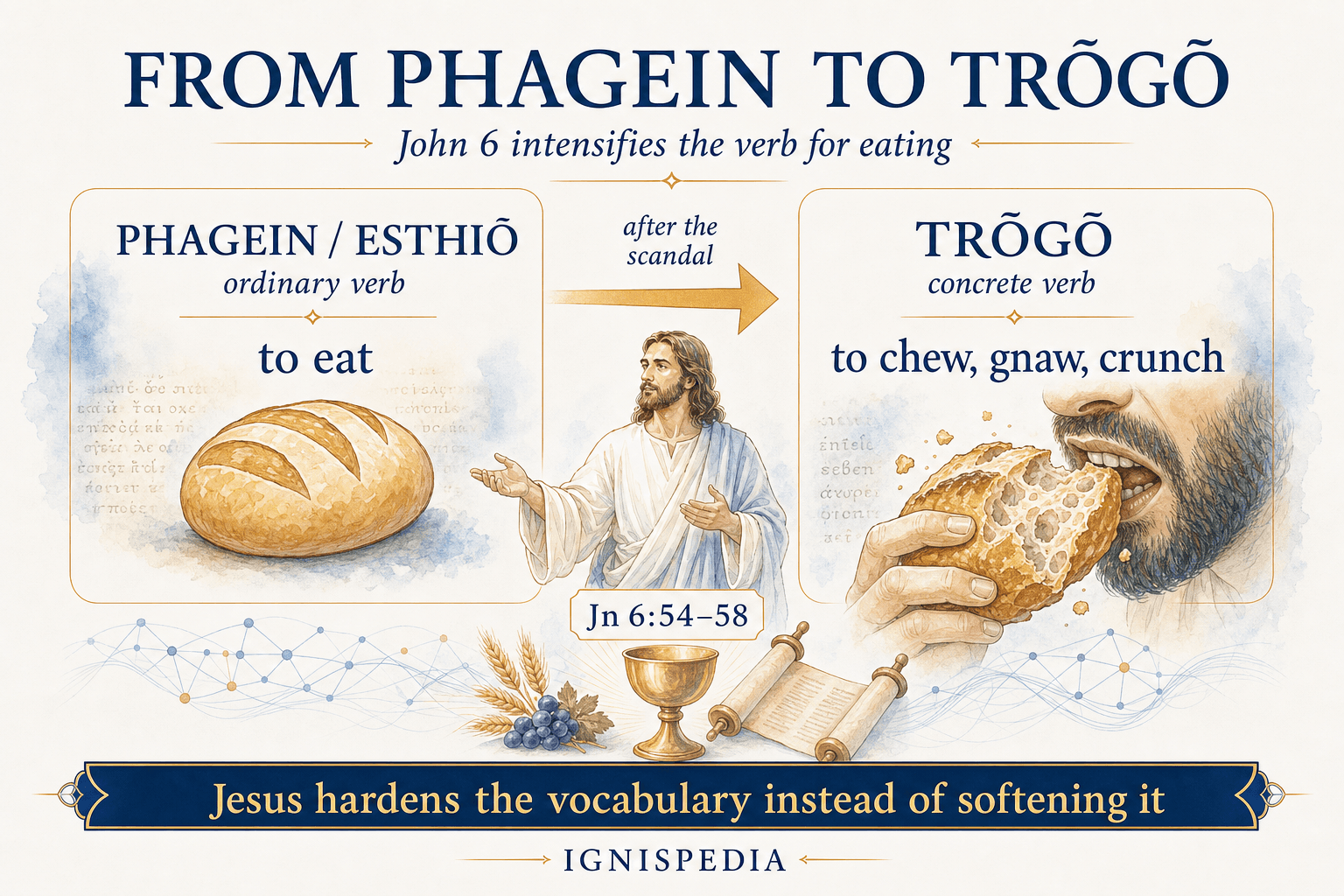 Infographic showing the shift from the Greek verb phagein, to eat, to the verb trogo, to chew or gnaw, in John 6