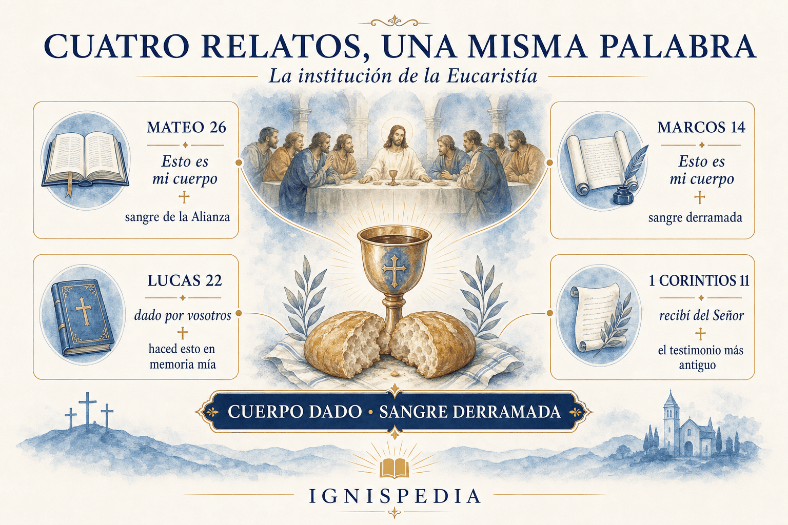Infografía comparando los cuatro relatos neotestamentarios de la institución de la Eucaristía