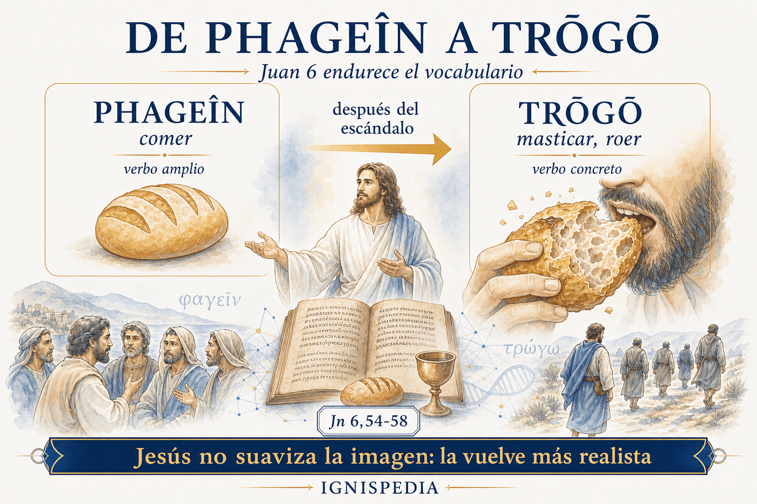 Infografía: el paso del verbo griego phagō (comer) al verbo trōgō (masticar, roer) en Juan 6