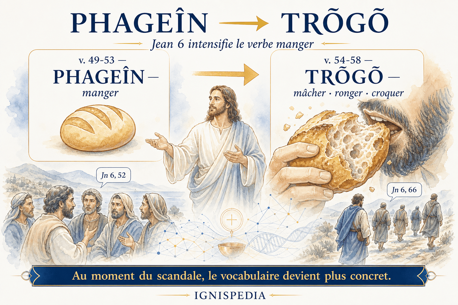 Infographie : le passage du verbe grec phagō (manger) au verbe trōgō (« mâcher ») dans Jean 6