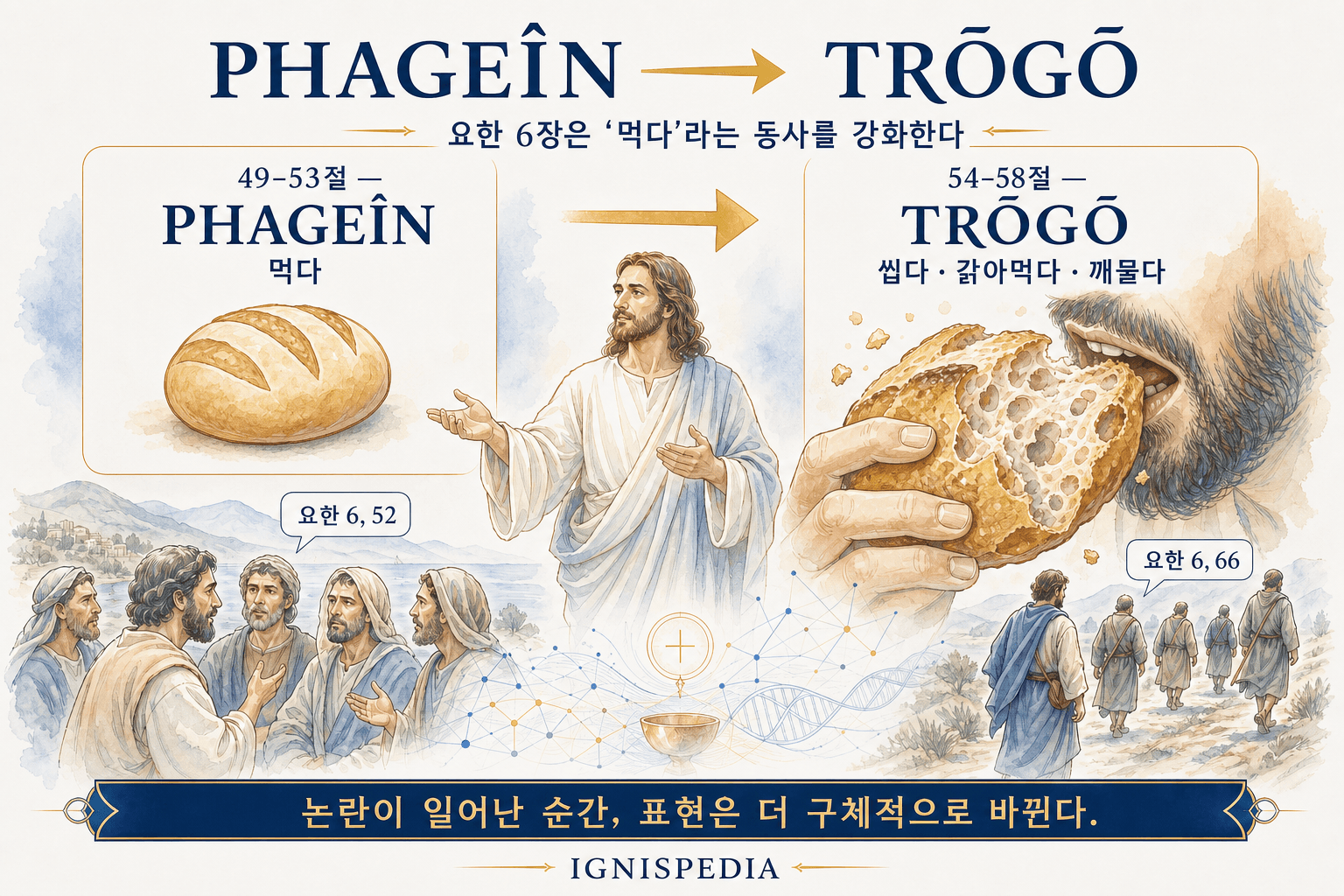 요한 6장에서 일반적 먹다 동사 phagō에서 씹다, 갉아먹다 의미의 trōgō로 전환되는 인포그래픽