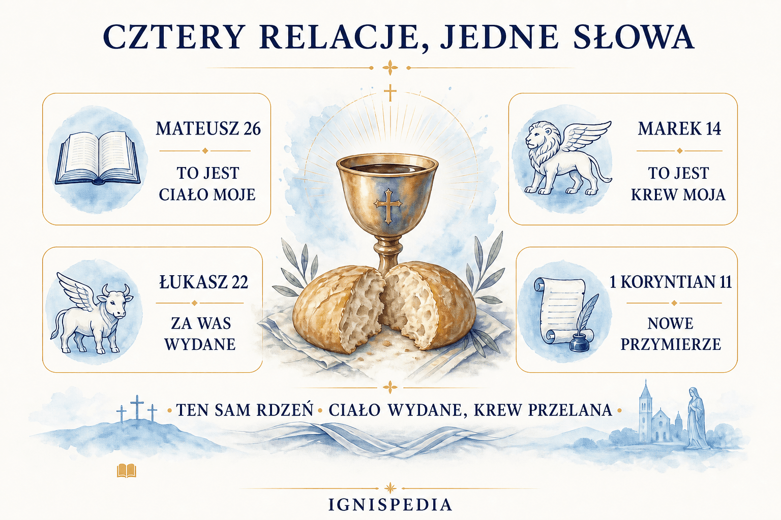Infografika porównująca cztery nowotestamentowe opisy ustanowienia Eucharystii