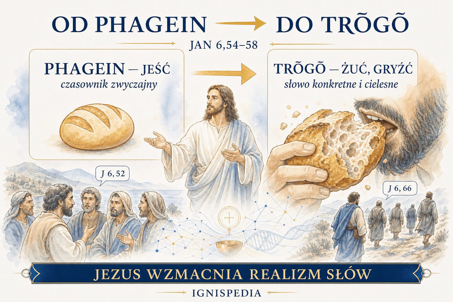 Infografika: przejście od greckiego czasownika phagō (jeść) do czasownika trōgō (żuć, gryźć) w J 6