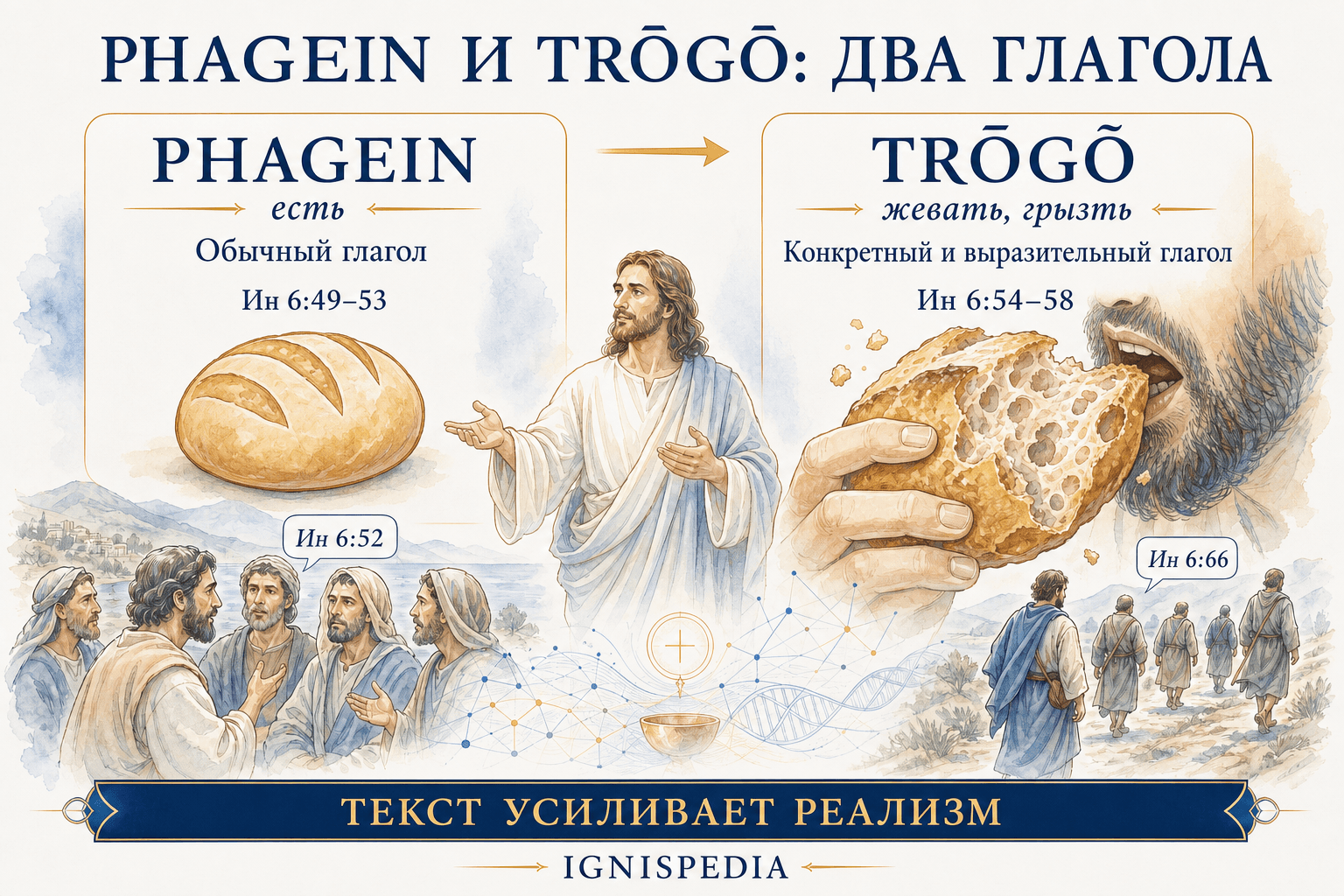 Инфографика: переход от греческого глагола phagō (есть) к глаголу trōgō (жевать, грызть) в Ин 6