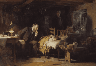 Ein Arzt wacht am Krankenbett eines kranken Kindes, Gemälde von Luke Fildes