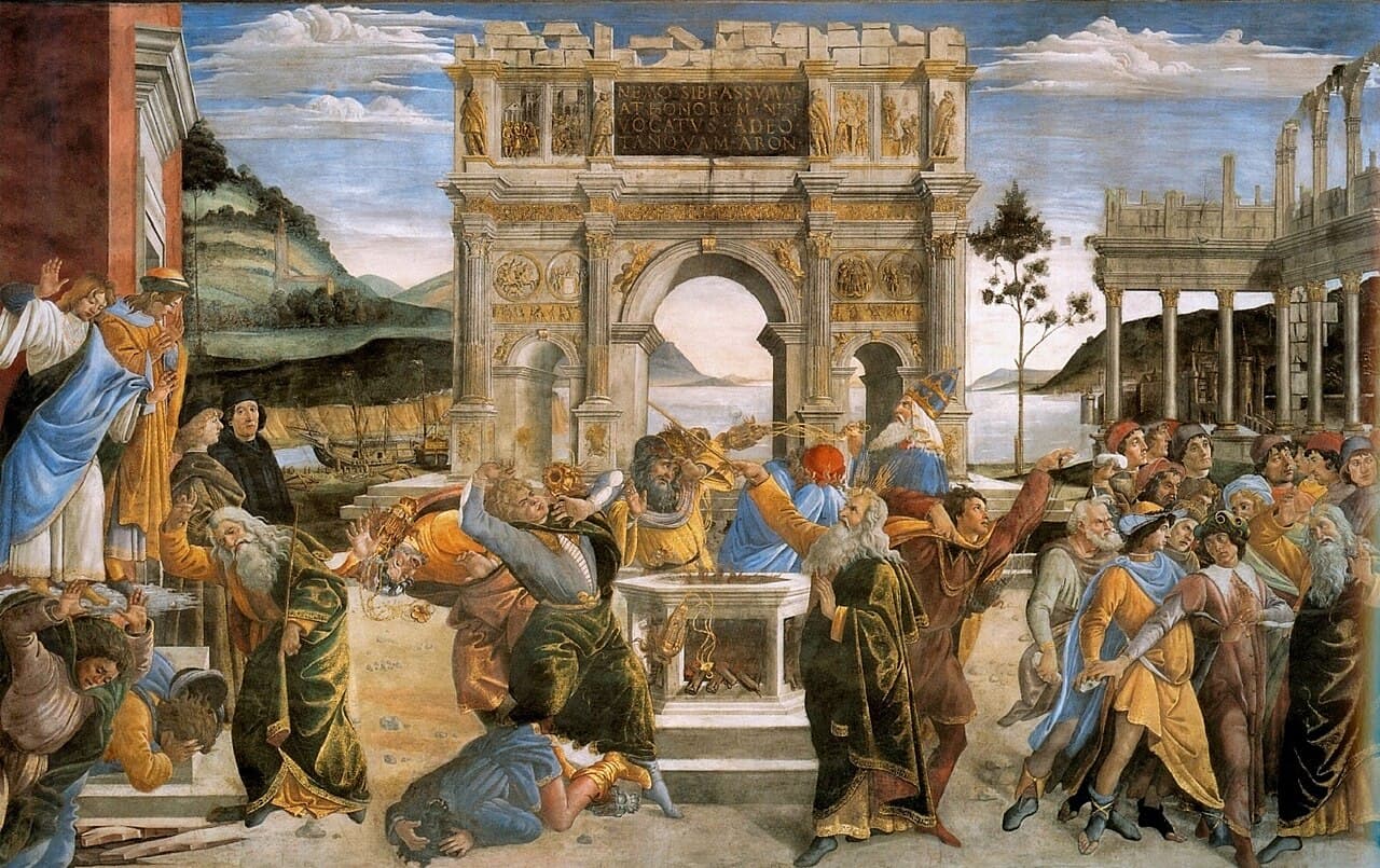 Die Bestrafung Korachs, Datans und Abirams, Fresko von Sandro Botticelli, 1481–1482, Sixtinische Kapelle