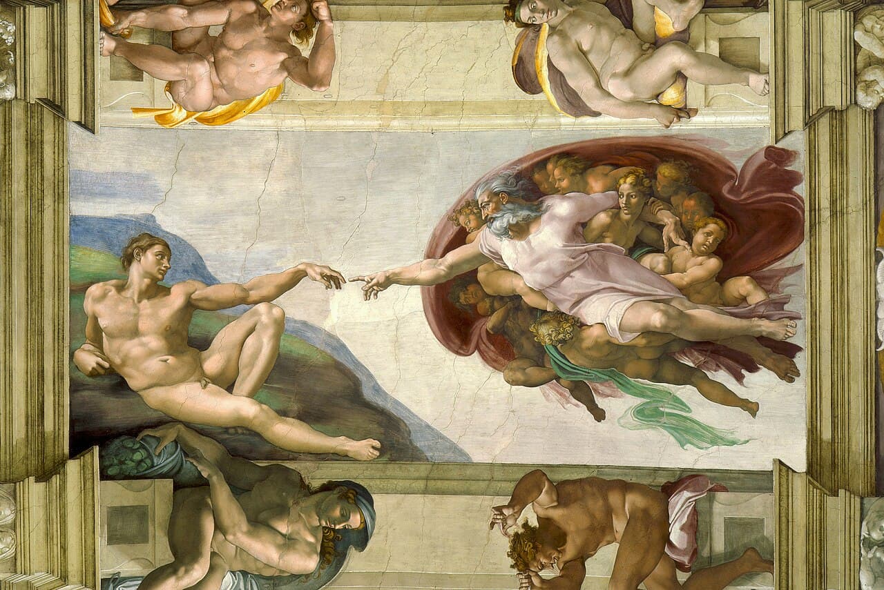 Die Erschaffung Adams, Detail des Freskos von Michelangelo an der Decke der Sixtinischen Kapelle, 1511