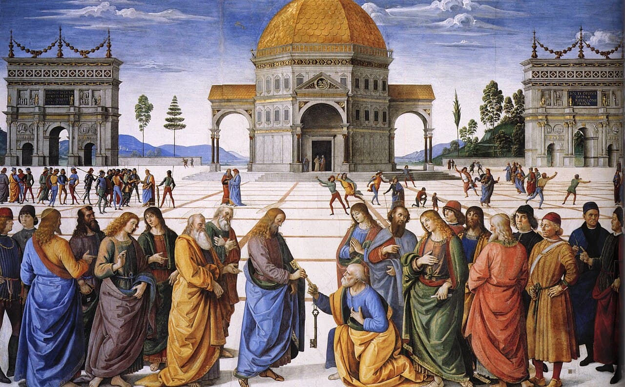 Die Schlüsselübergabe an den heiligen Petrus, Fresko Peruginos, 1481–1482, Sixtinische Kapelle