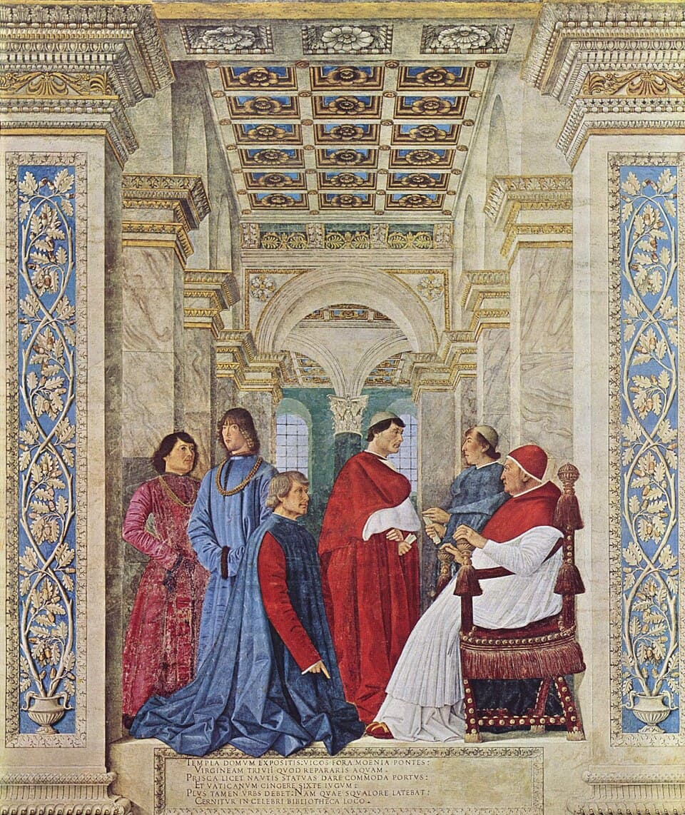 Sixtus IV. ernennt Bartolomeo Platina zum Präfekten der Vatikanischen Bibliothek, Fresko von Melozzo da Forlì, um 1477, Vatikanische Pinakothek