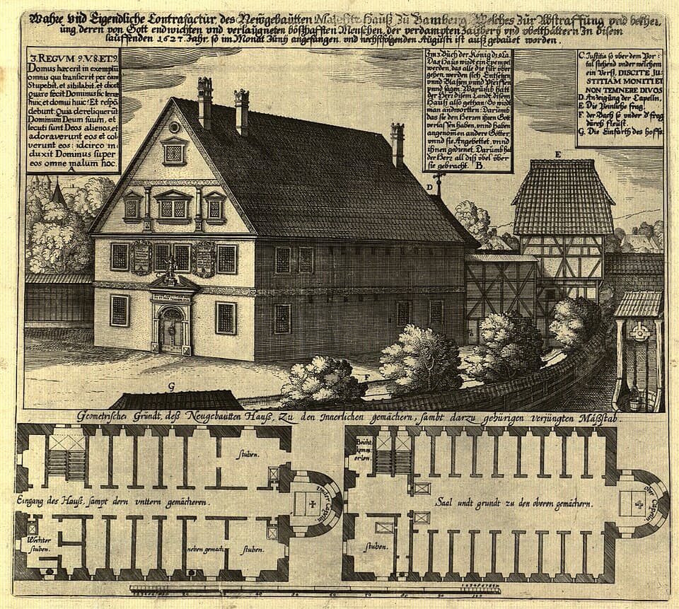 Gravure de 1627 représentant le Malefizhaus de Bamberg, prison utilisée dans les procès de sorcellerie