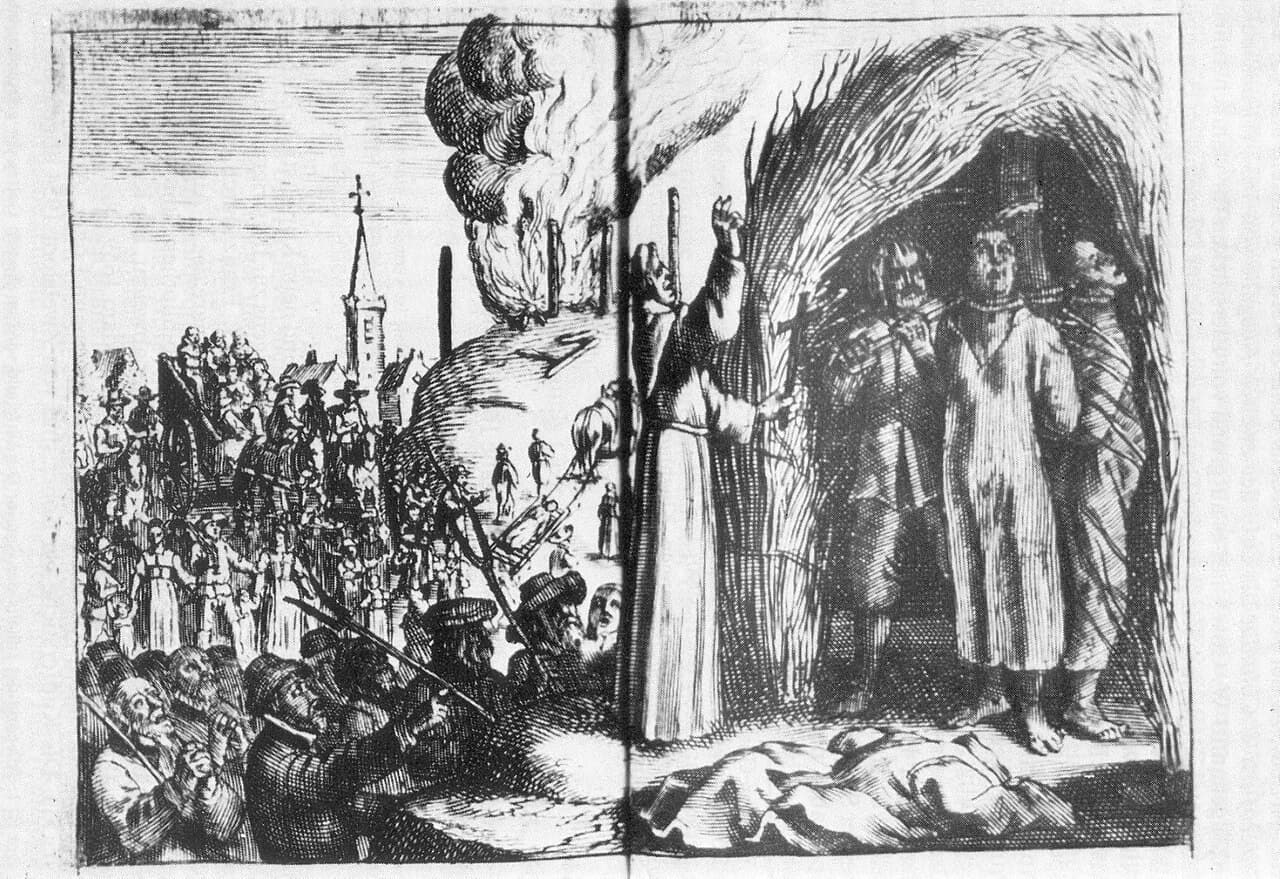 Gravure historique d'une exécution pour sorcellerie dans la Bilder-Cautio de 1632