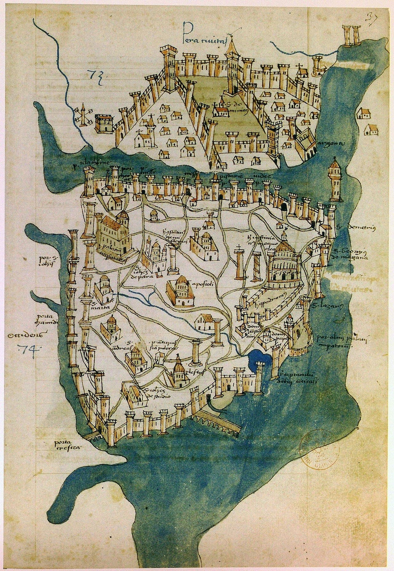 Mapa de Constantinopla pelo monge florentino Cristoforo Buondelmonti, cerca de 1420, uma das mais antigas vistas detalhadas da cidade antes da sua queda