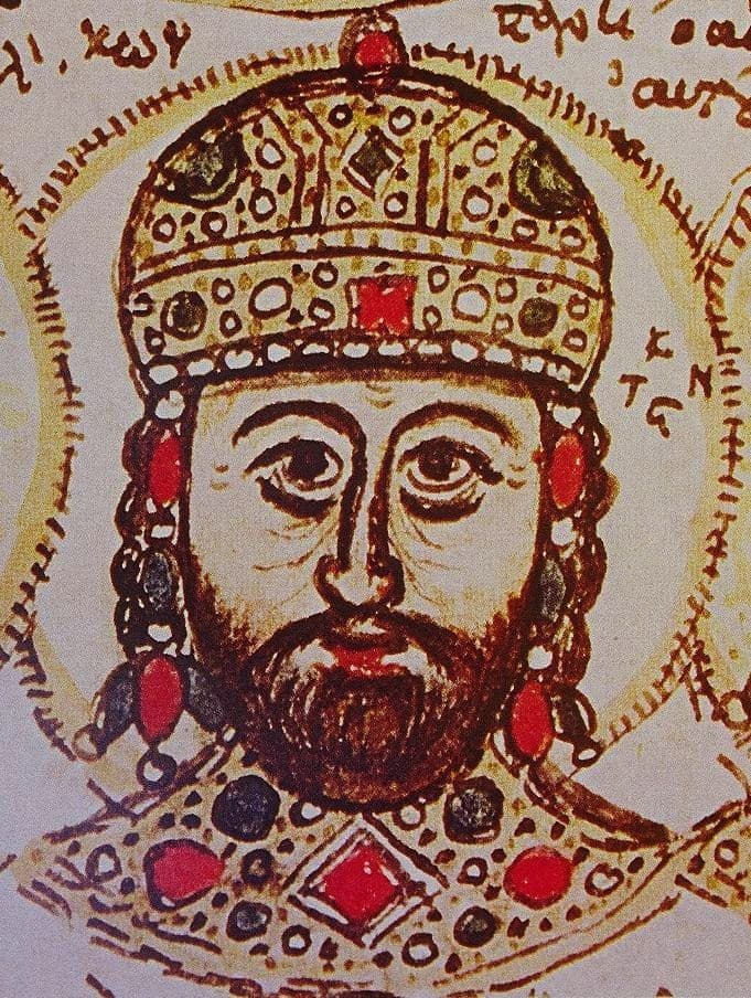 Constantino XI Paleólogo, último imperador bizantino, miniatura do codex Mutinensis (século XVI)