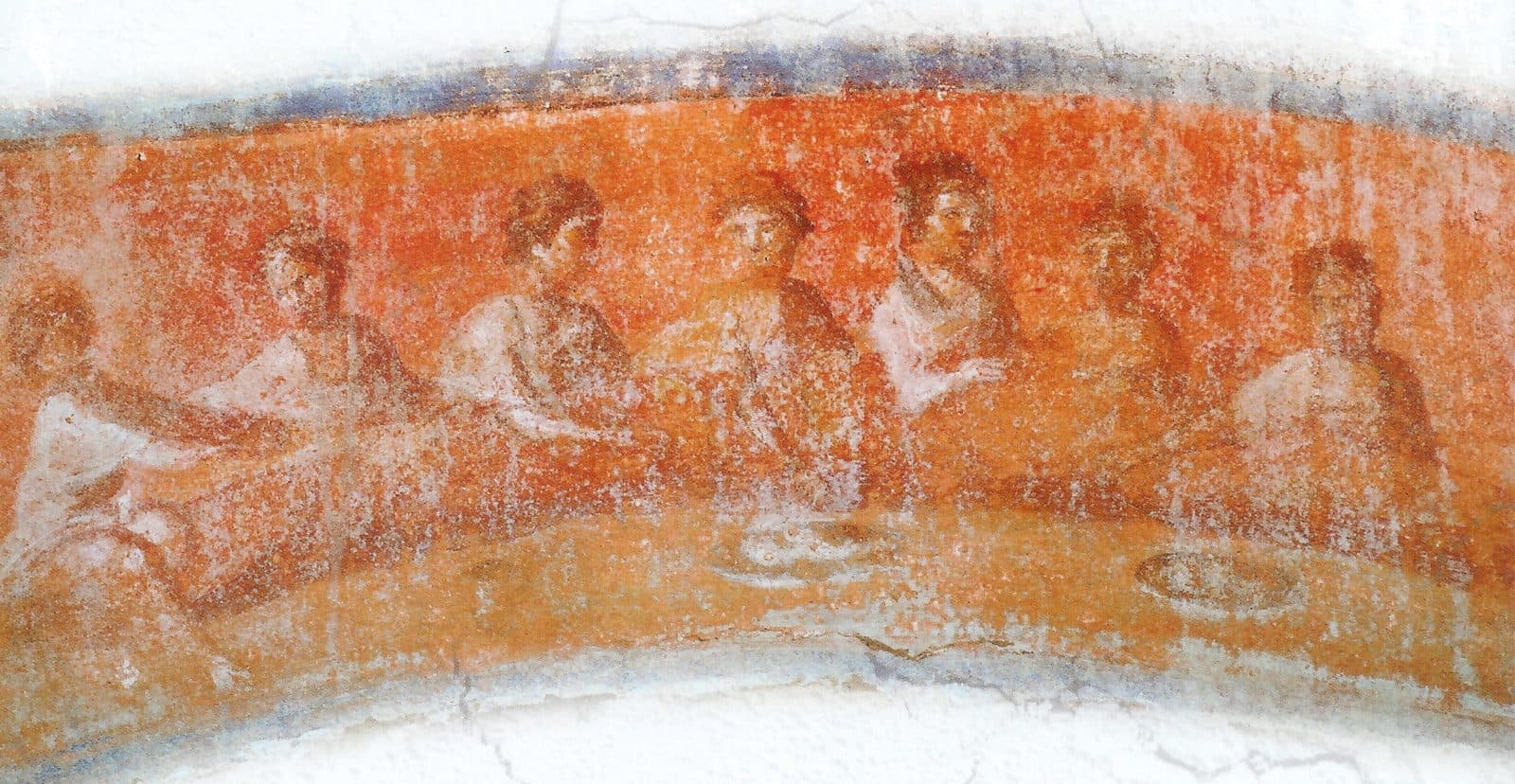 Das Brotbrechen: Fresko der griechischen Kapelle in der Priscilla-Katakombe in Rom