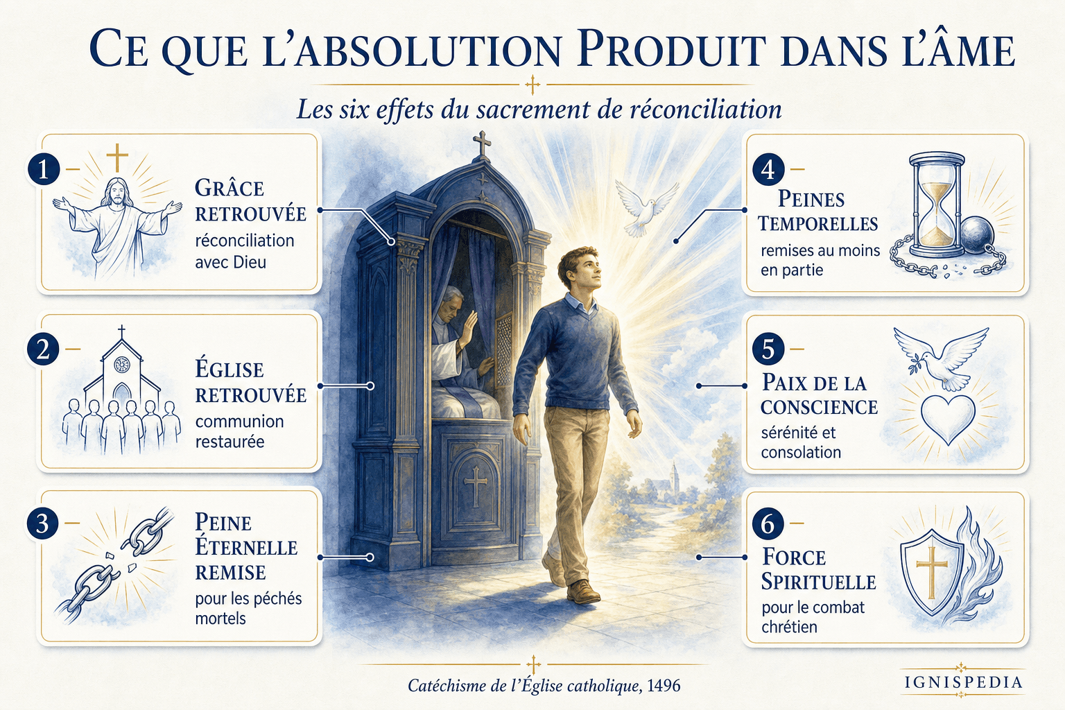 Infographie des effets du sacrement de pénitence : réconciliation avec Dieu, réconciliation avec l'Église, remise de la peine éternelle, paix de la conscience, force pour le combat spirituel