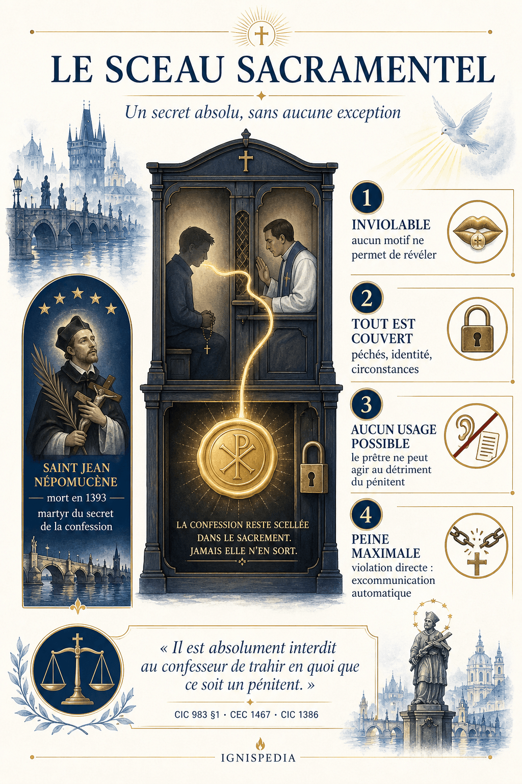 Infographie sur les quatre principes du sceau sacramentel et le témoignage de saint Jean Népomucène